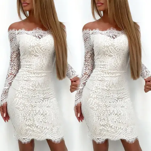 

Sexy Women Long Sleeve Off Shoulder Bodycon Bandage Evening Party Dress White Ladies Wedding Lace Dress