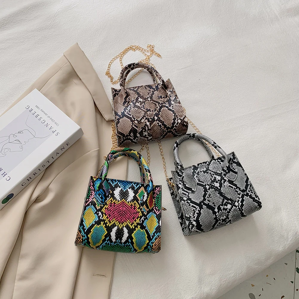 

Fashion Women Snake Pattern Crossbody Bag PU Leather Retro Chain Messenger Shoulder Bag Casual Female Small Top-handle Handbags