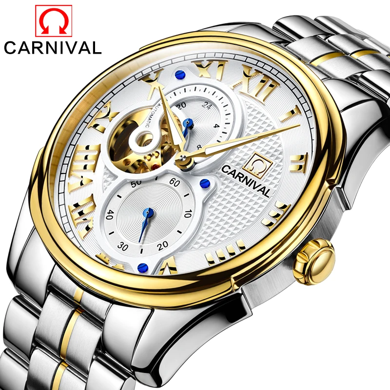 

CARNIVAL New Business Fashion Men's 24 Hour Waterproof High Definition Luminous Pointer Stainless Steel Strap Mechanical Watches