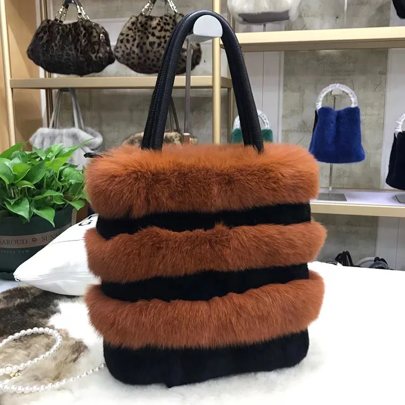 Winter Real Fox Fur HandBag Fashion Striped Warm Normal Size Shoulder Bag Fluffy Natural Fox Fur White Tote Bag