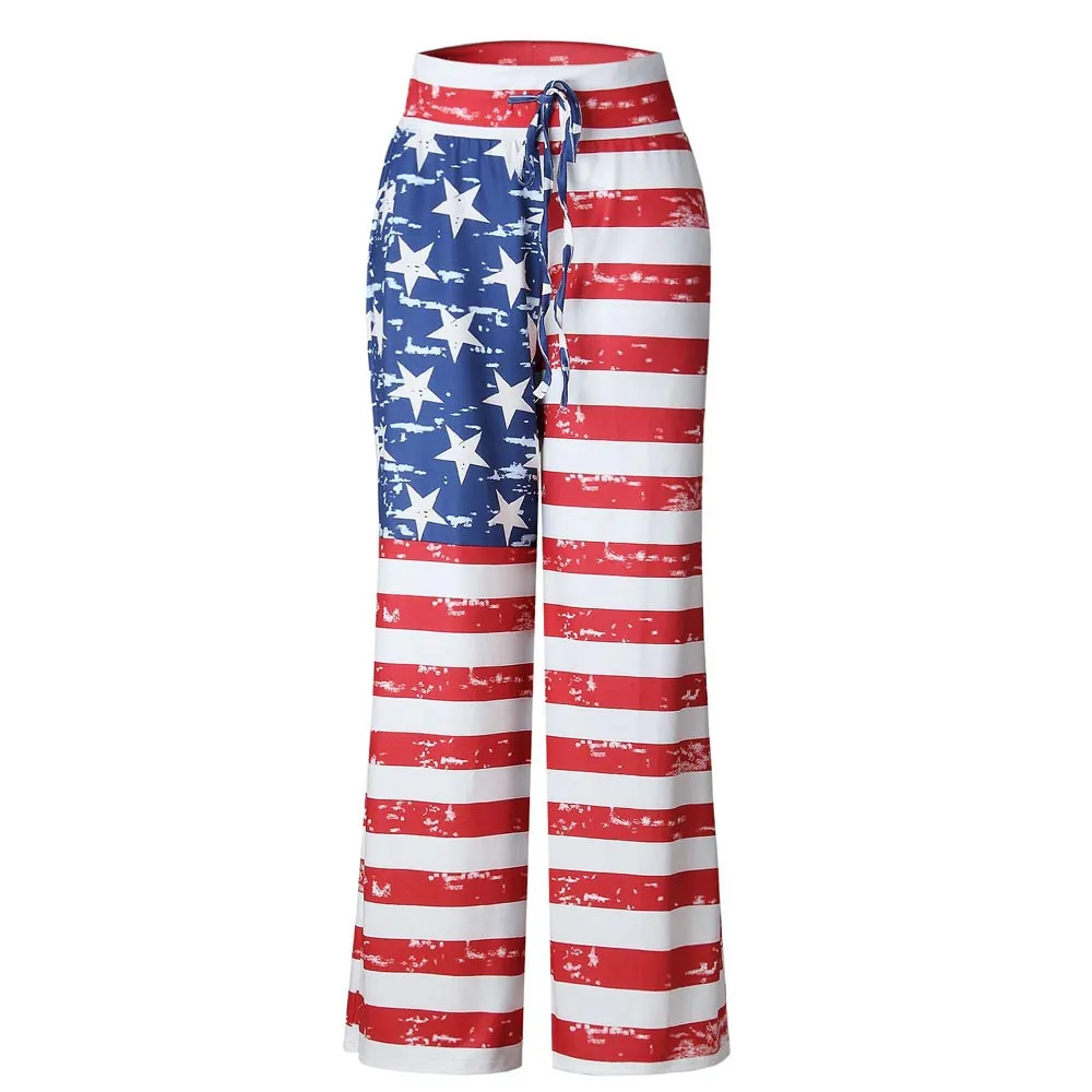 

Women Casual Loose Pants American Flag Horizontal Striped Drawstring Wide Leg Pants Cool Girls Style Leggings@Q