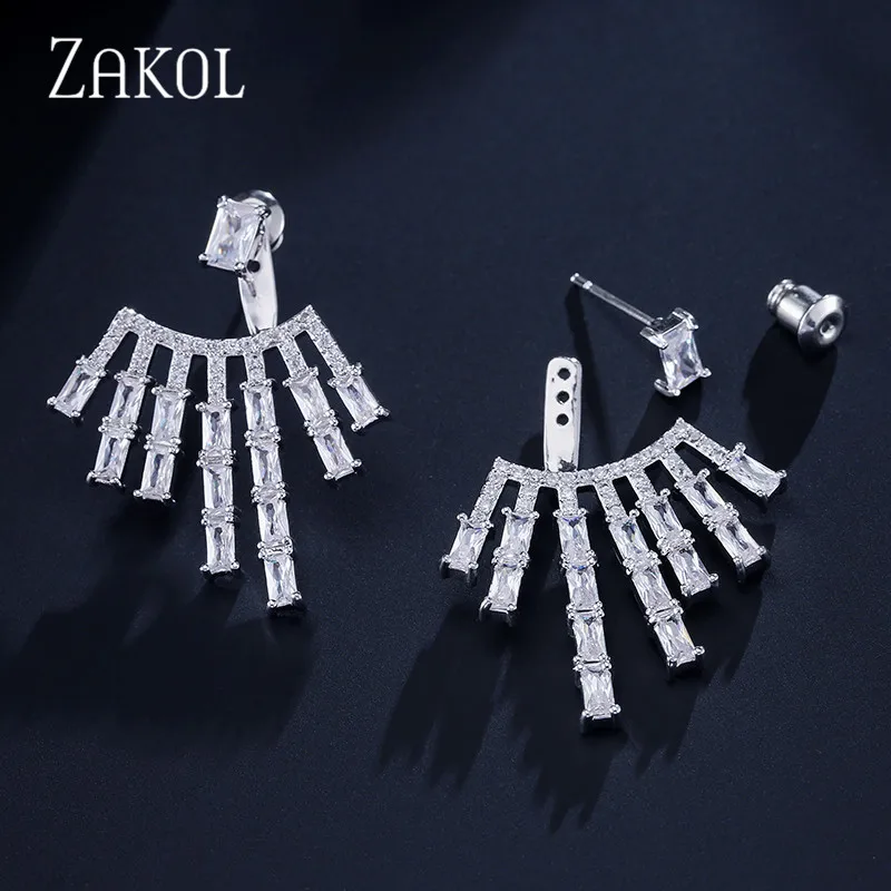 ZAKOL сверкающий фианит багет серьги для женщин белого золота Цвет Свадебная