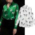 Nlzgmsj Za 2020 Осенняя женская зеленая рубашка большого размера с животным принтом шикарная Женская Повседневная Свободная блузка