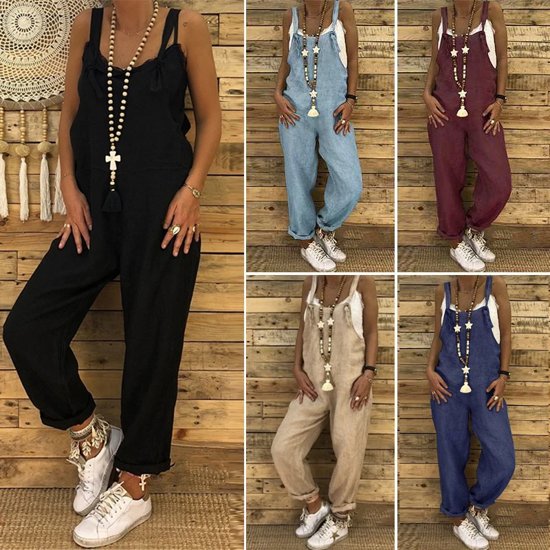 

Комбинезон женский однотонный из хлопка и льна, с широкими штанинами, на шнуровке, летний