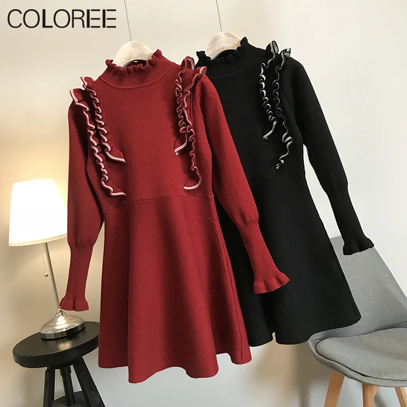 

Женское трикотажное платье-свитер с оборками, Красное или черное элегантное трикотажное платье-свитер с длинными рукавами в Корейском стил...