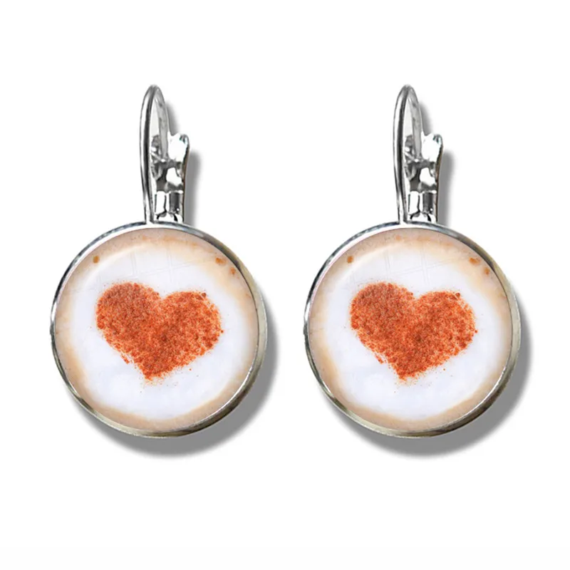Coffee Latte Carving Love Heart Art Glass Cabochon Earrings Chocolate Printing Four Leaf Clover Cat Charm Jewelry For Women Girl | Украшения