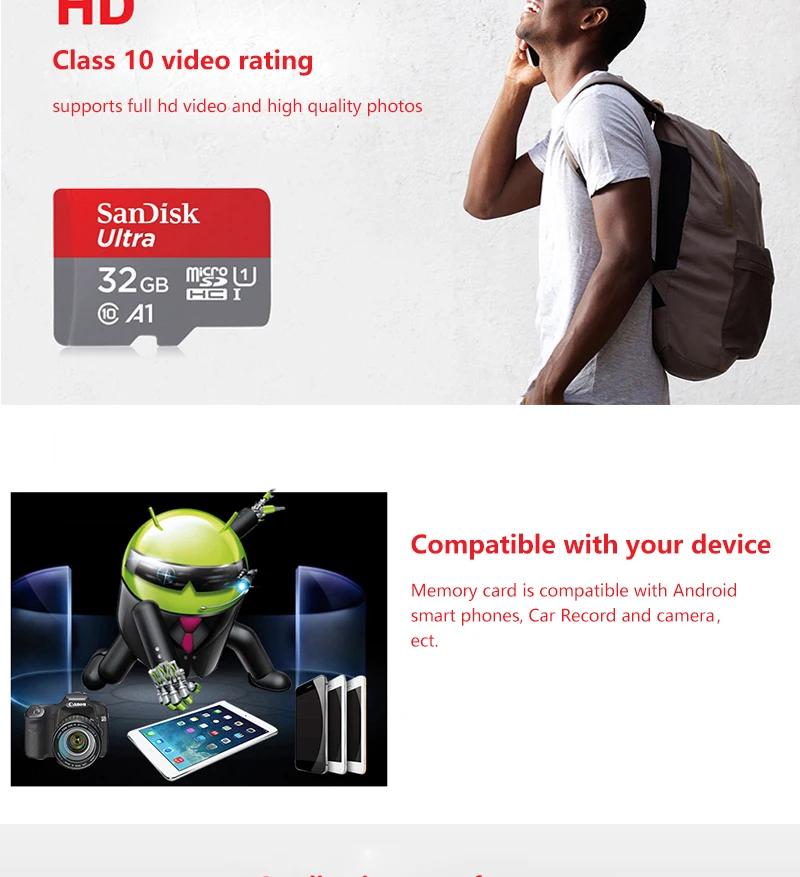 Sandisk микро SD карты A1 слот для карт памяти C10 98 МБ/с. 16 Гб оперативной памяти, 32 Гб встроенной памяти, 64 ГБ 128 Гб TF карты флэш накопитель usb для смартфонов