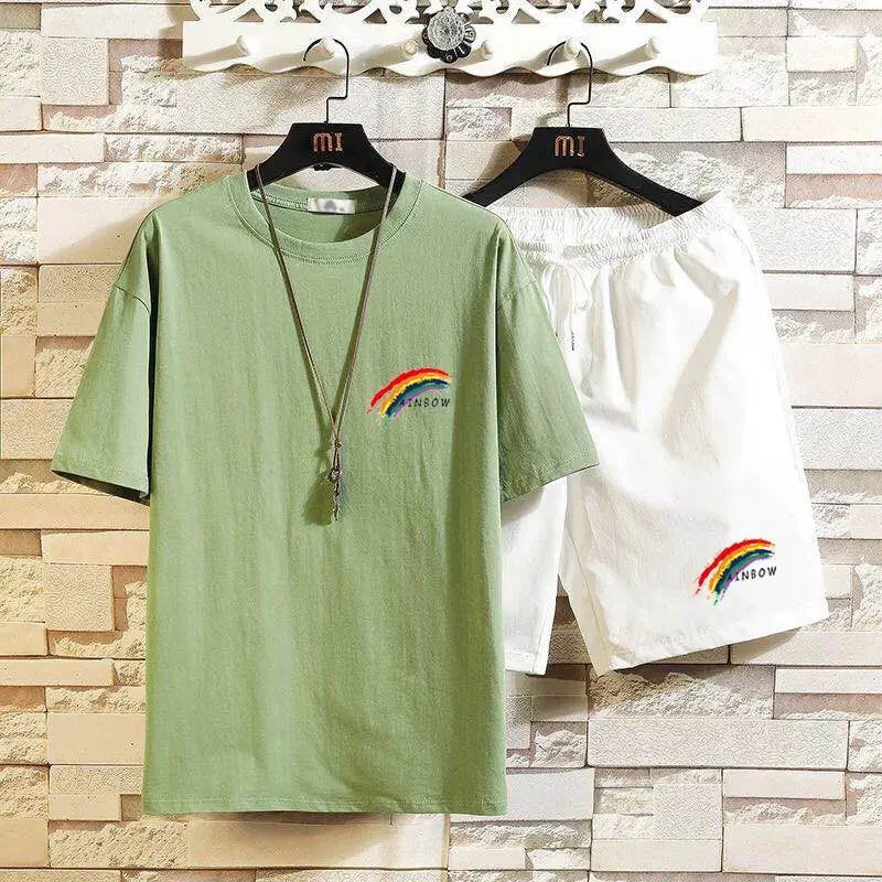 

Fashion printing rainbow T-shirt shorts suit men's summer 2 sportswear + shorts suit beach men's casual T-shirt suit sportswear