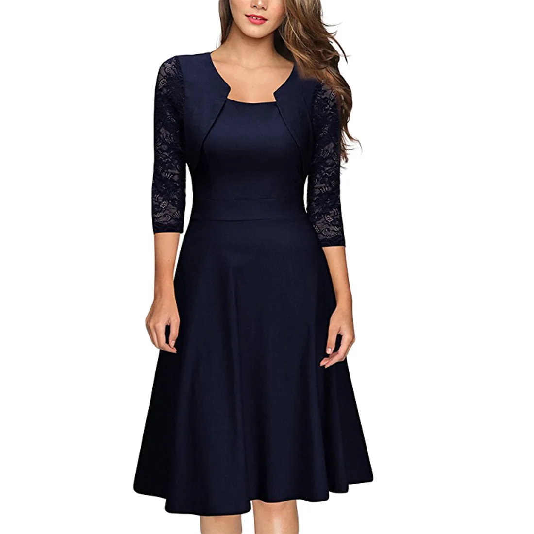 

Women's Summer New Style Square Collar Big Retro Floral Lace Dress