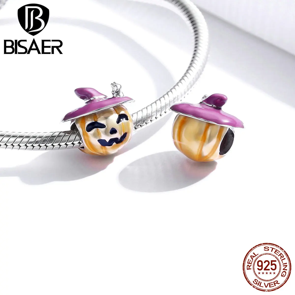 BISAER Halloween Pumpkin Charms 925 Sterling Silver Playful Pendant Beads Fit DIY Bracelet Necklace For Women Jewelry | Украшения и