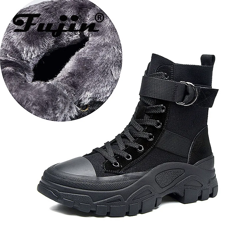 

Женские парусиновые ботильоны Fujin, Черные ботильоны на платформе, массивные, в байкерском стиле, весна-осень