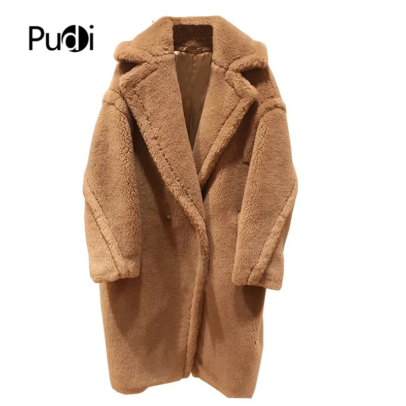 

PUDI New Women Real Sheep Fur Wool Silk Coat Girl Leisure Solid Teddy Bear Color Jacket Over Size Trench Parkas CT817