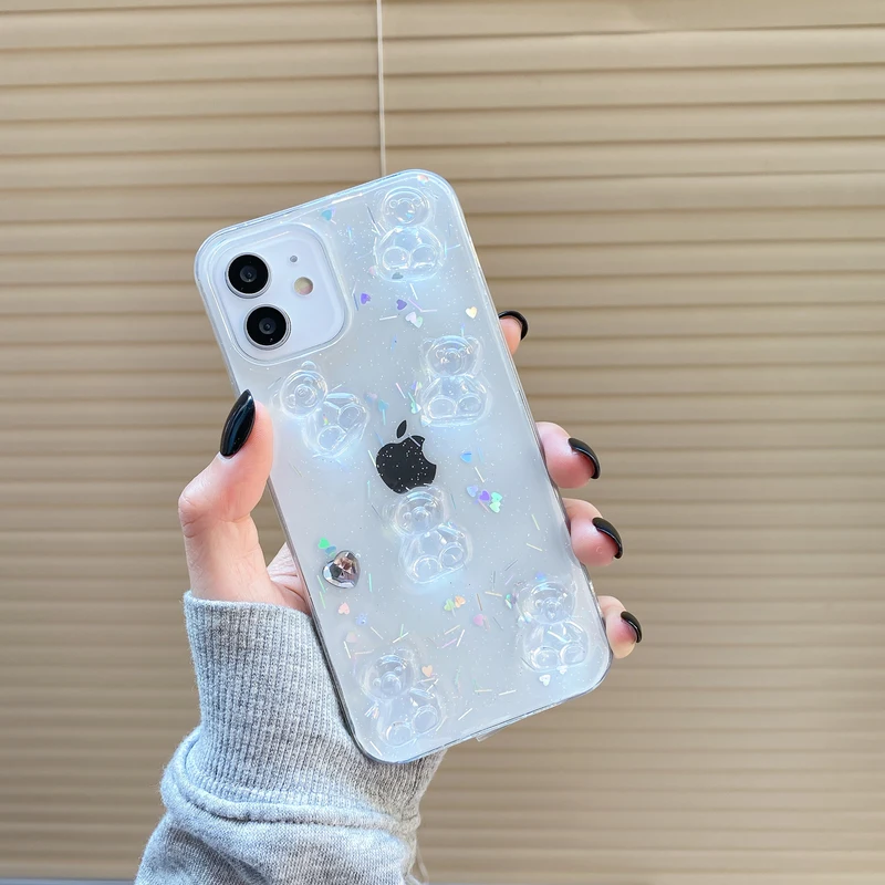 

Korea Cute 3D Cartoon Bear Transparent Phone Case For iPhone 13 12 11 Pro Max X Xs Max Xr 7 8 Plus Cases Soft Silicone Cover