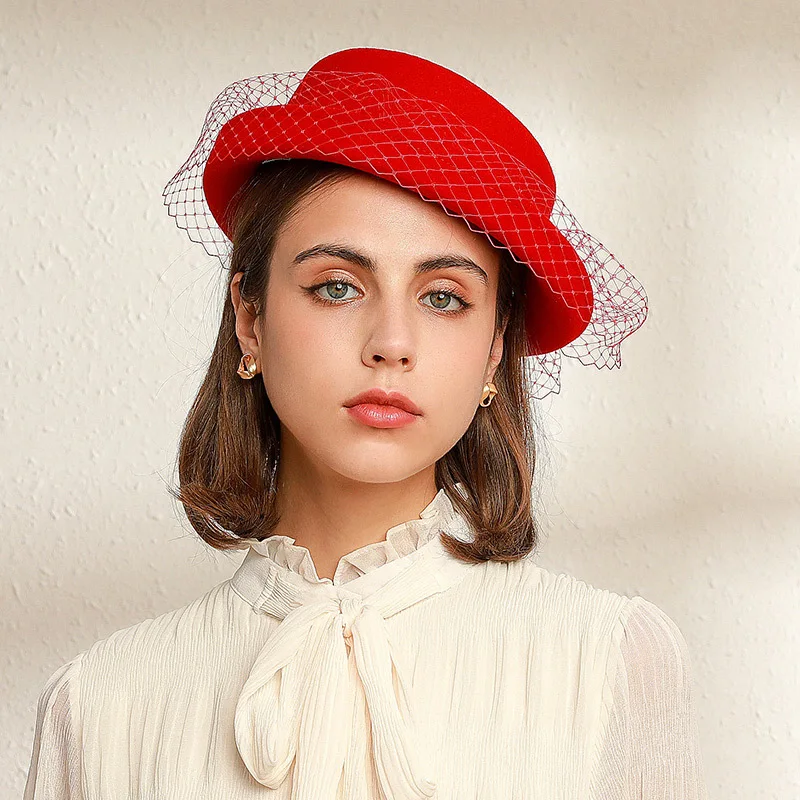 

X4067 Adult Warm Headwear Lady Felt Hat Party Headdress Female Curled Lace Bow Fedora Hat Elegant Church Hats