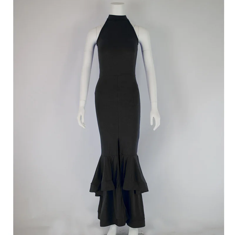 Сексуальная Bodycon вечерние платье Элегантное синее платье с рюшами и длинными Русалка Вечерние Для женщин без рукавов; сезон лето; женская обувь черного цвета с лямкой на шее Макси платья клуб