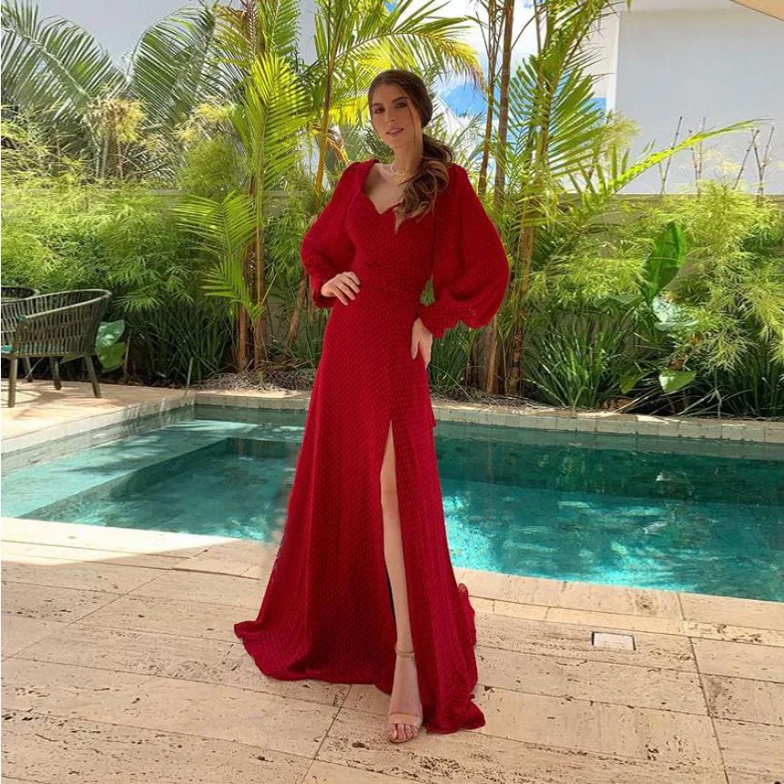 

BAZIIINGAAA Classic Evening Dress 2022 New V-neck Long-sleeved Slit A-line And Floor Dress Formal Evening Robe De Soirée Femme