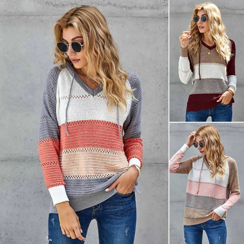 

Женский вязаный свитер с капюшоном, топы с длинным рукавом, свободный Цветной полосатый пуловер, Осенний женский зимний свитер, толстовки, С...