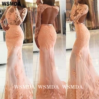 illusion pink lace open back mermaid tulle prom dress with long sleeves formal evening gown