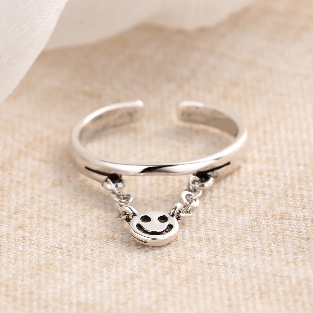 

Personality 925 Sterling Silver Adjustable Rings For Women Smile Pendant Opening Party Finger Rings anillos mujer anel