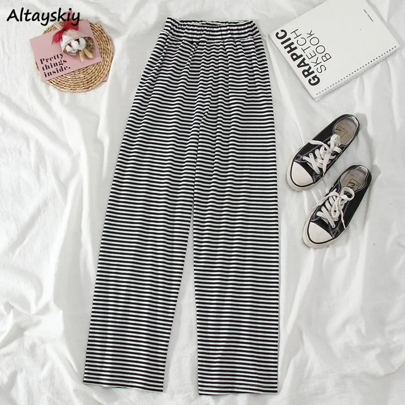 

Pants Women Summer Striped Simple Comfortable Loose Elastic Waist Leisure Daily Feminine Korean Style Trendy Full-length Trouser