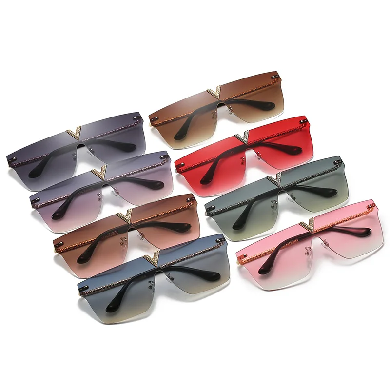 Женские квадратные солнцезащитные очки без оправы большие плоские со стразами