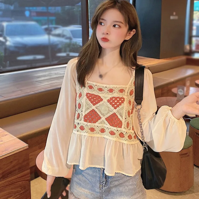 Autumn Women Fashion Square Collar Shirt Puff-sleeved Tassel Hollow Chiffon Blouses Tops 4 Autumn Women Fashion Square Collar Shirt Puff-sleeved Tassel Hollow Chiffon Blouses Tops 4