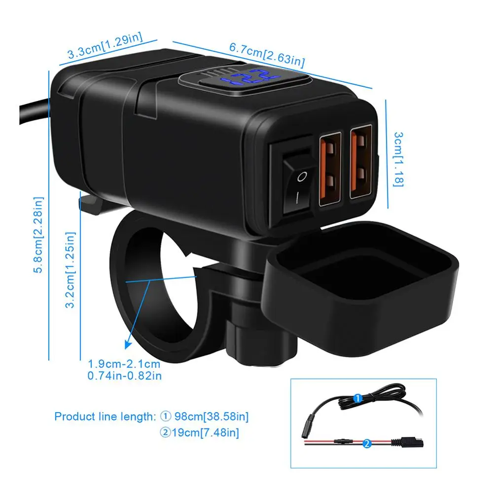 Motorcycle Quick Charger 12V SAE to USB Adapter with Voltmeter On Off Switch |