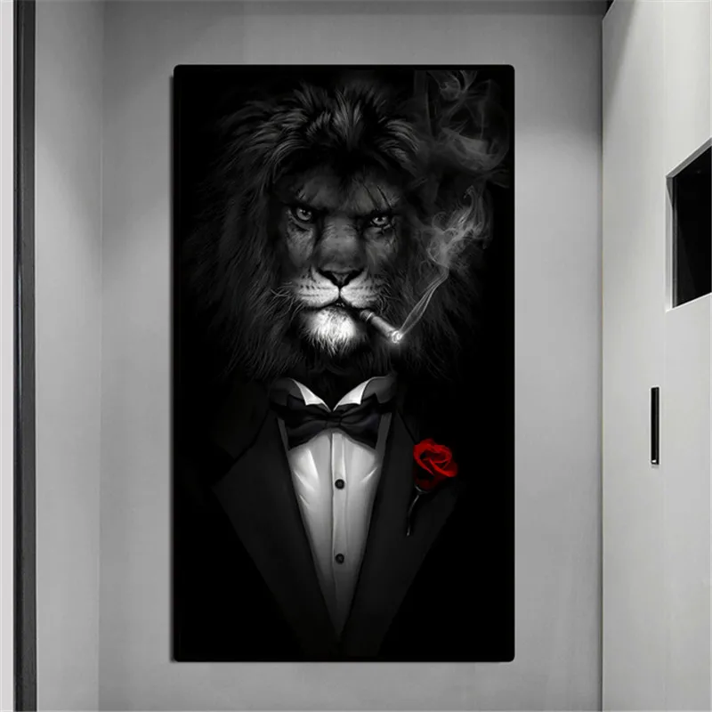 Смешные животные черный белый лев в костюме брезентовые абстрактные картины |