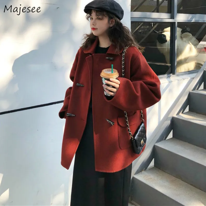 

Wool Womens Horn Button Long Sleeve Oversize Korean Style Simple Fashion Leisure Students Elegant Chic Warm Loose Lady Outwear