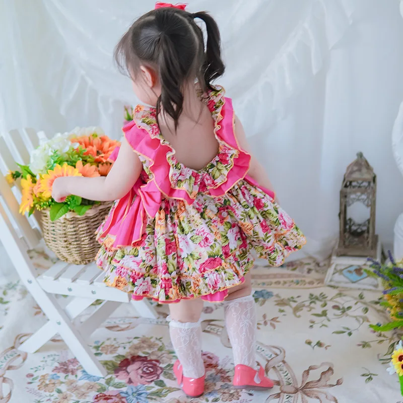 Испанские платья с цветочным принтом для девочек Летнее Детское винтажное