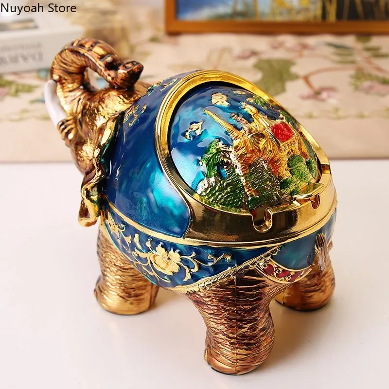 

European Style Retro Elephant Ashtray Creative Personality Spherical Ashtray with Lid Metal Animal Decoration Home Decoration