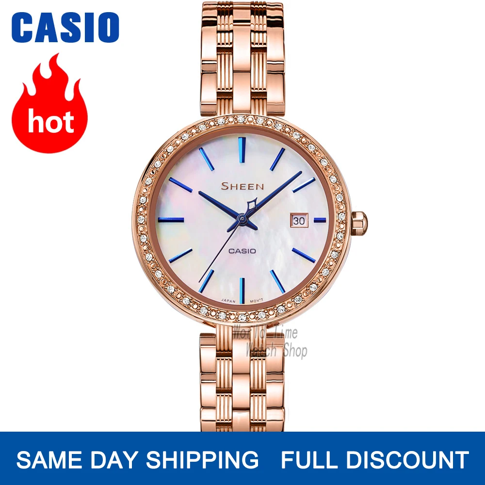 

Часы Casio SHEEN женские часы Swarovski Crystal топ класса люкс комплект 50м Водонепроницаемые кварцевые женские часы женские Розовое золото Подарки Час...