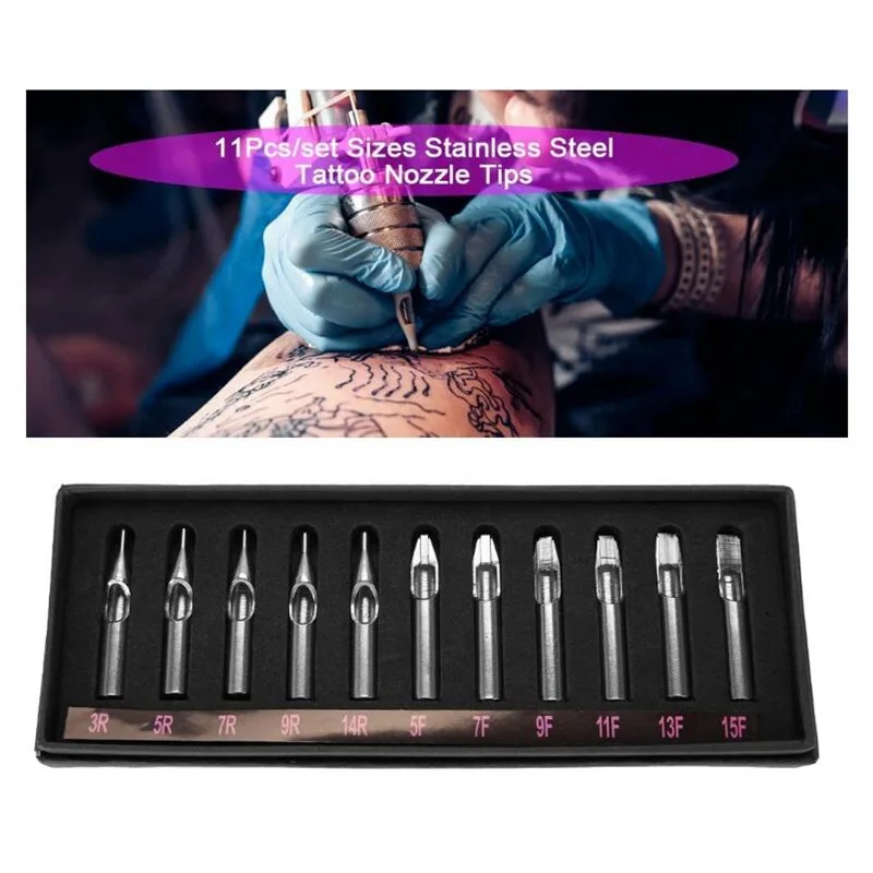 

11pcs Stainless Steel Tattoo Nozzle Tips Set Round Flat PT FT Tattoo Tips Mixed For Tattoo Needles Supply