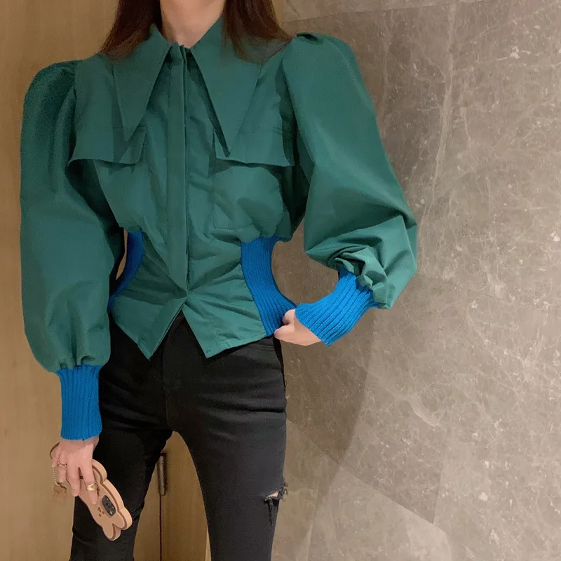 

Personality Trend Hit Color Stitching Design Lantern Sleeves Lapel Single Size Tunic Shirt Summer For Female Age Reduction Top