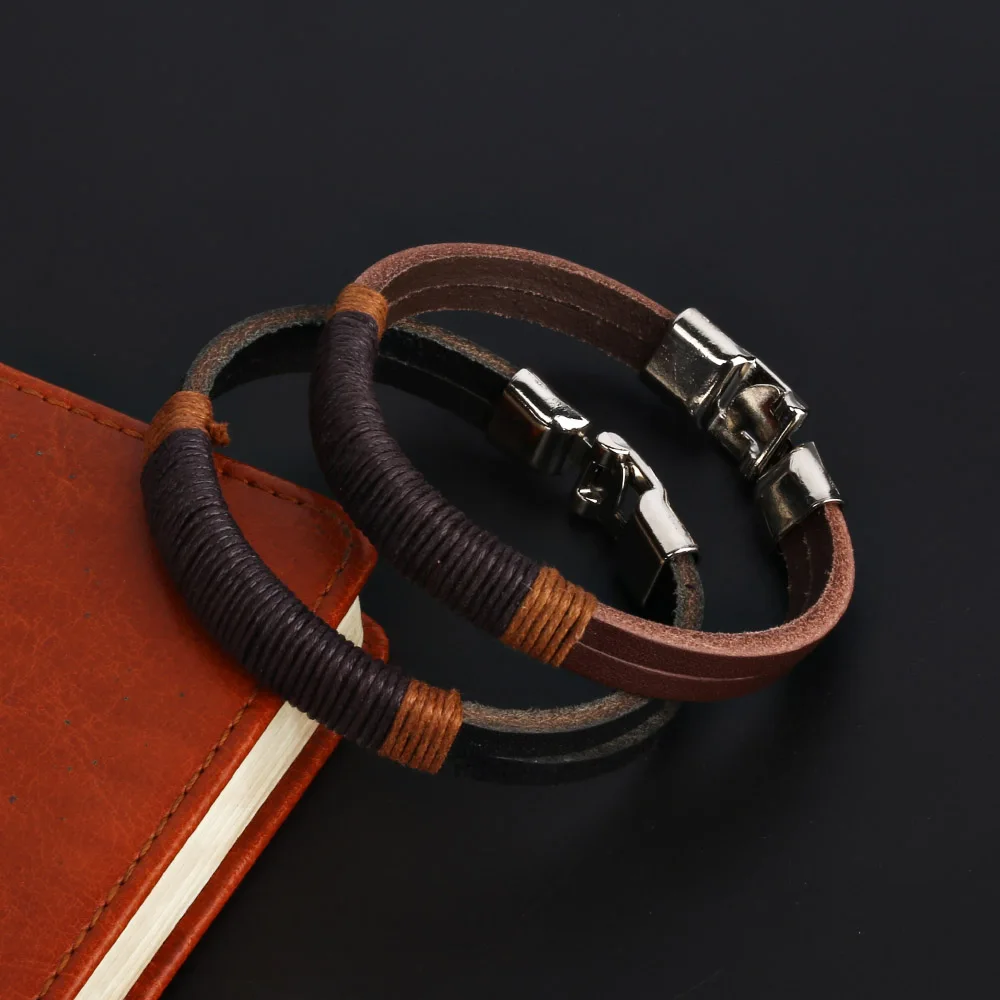 Браслет из натуральной кожи мужские украшения двухслойный коричневый Плетеный