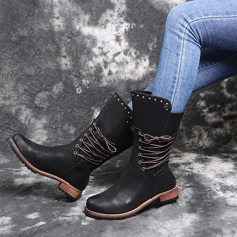 

Winter Personality Fashion Women Mid-boots Large Size Low-heel Polished Retro Women Shoes Convenience Back Zipper Women's Shoes
