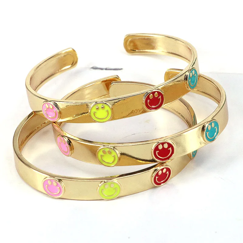 

5Pcs 2021 Women Jewelry Gold plated Rainbow Enamel Happy Face Smiley Statement Stacking Open Bangle Bracelet