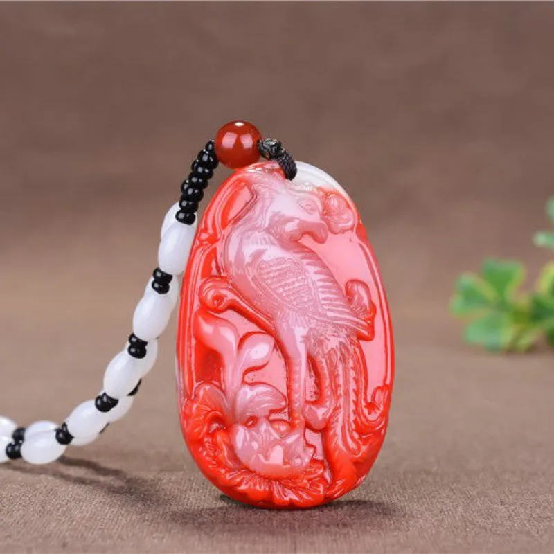 Подвеска из натурального красного белого нефрита с Фениксом ожерелье ручной