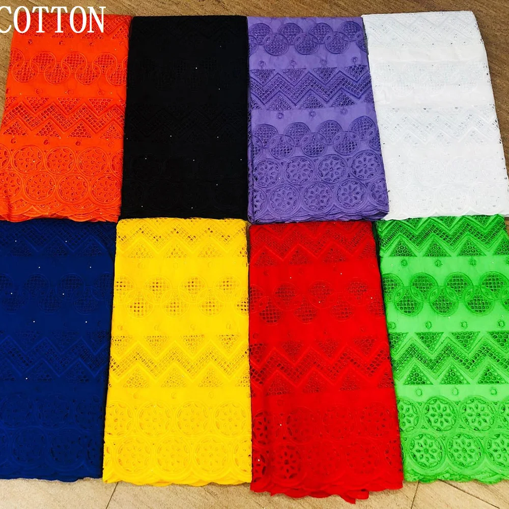 

Most popular Dress Fabric HLS19 Swiss Voile Lace pure color design with stones Hollowed out circles African 100% Cotton fabric