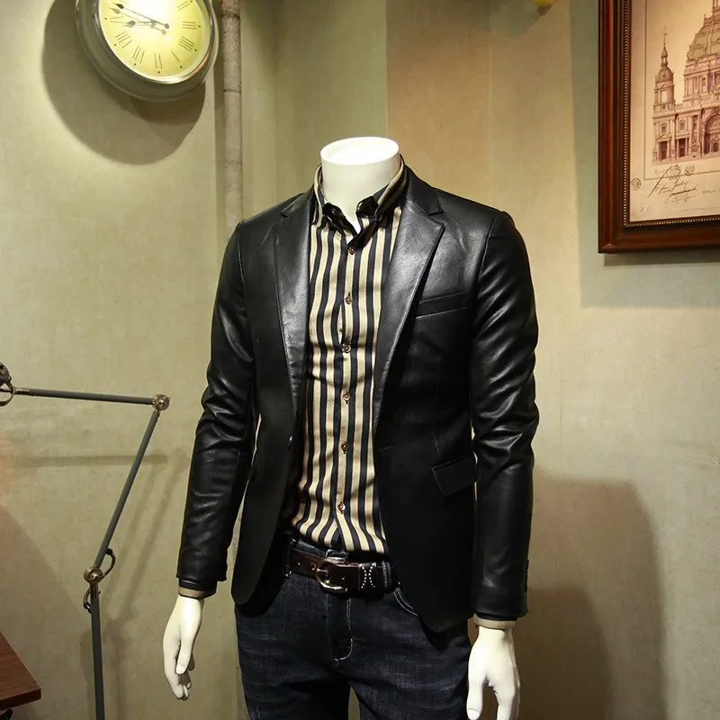 Умный Повседневный весенний мужской блейзер из искусственной кожи на одной