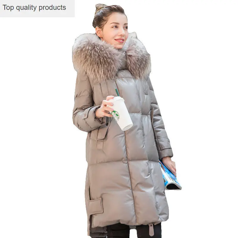 

2020 New Women Winter Leather Down Jacket Long Fur Hooded Coat Loose Genuine Leather Sheepskin Jacket Warm Outer Plus Size AC214