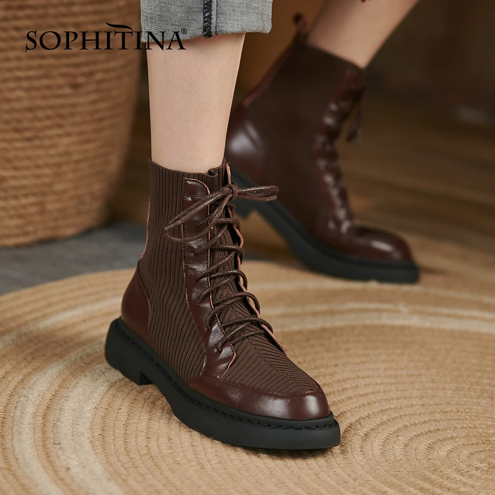 

Женские Эластичные полусапожки SOPHITINA, мягкие кожаные дышащие ботильоны на плоской подошве, с плюшевой подкладкой, с перекрестными шнуровка...