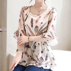 Женская мода 2019, летние блузки с цветочным принтом Женские топы и блузки, шифоновая блузка с оборками,  рубашки с цветочным принтом, Blusa Feminina 932A