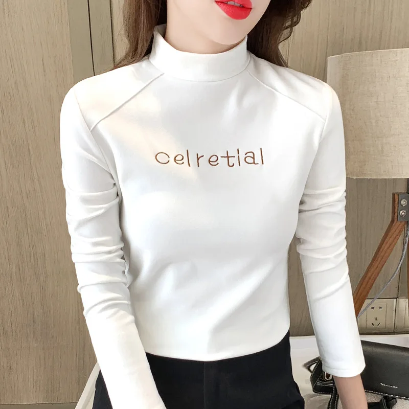 

Mock Neck Tops Skinny Women Autumn Winter Basic T-shirts Dralon Warm Soft Tees for Female Long Sleeve Undershirt H017