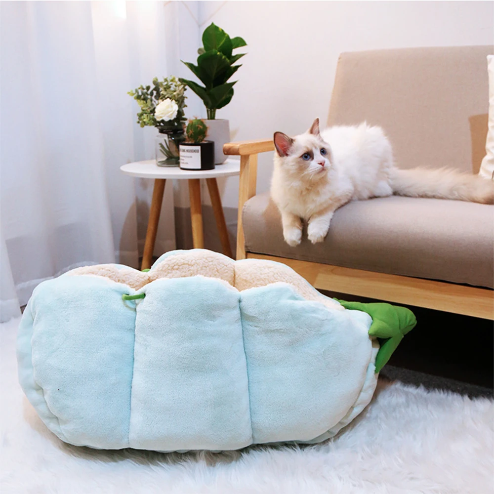 

Winter Warm Cat House Semi Closed Velvet Pet Bed Kitten Small Dog Nest Cute Cartoon Peas Shape Comfortable Soft Sleeping Kennel