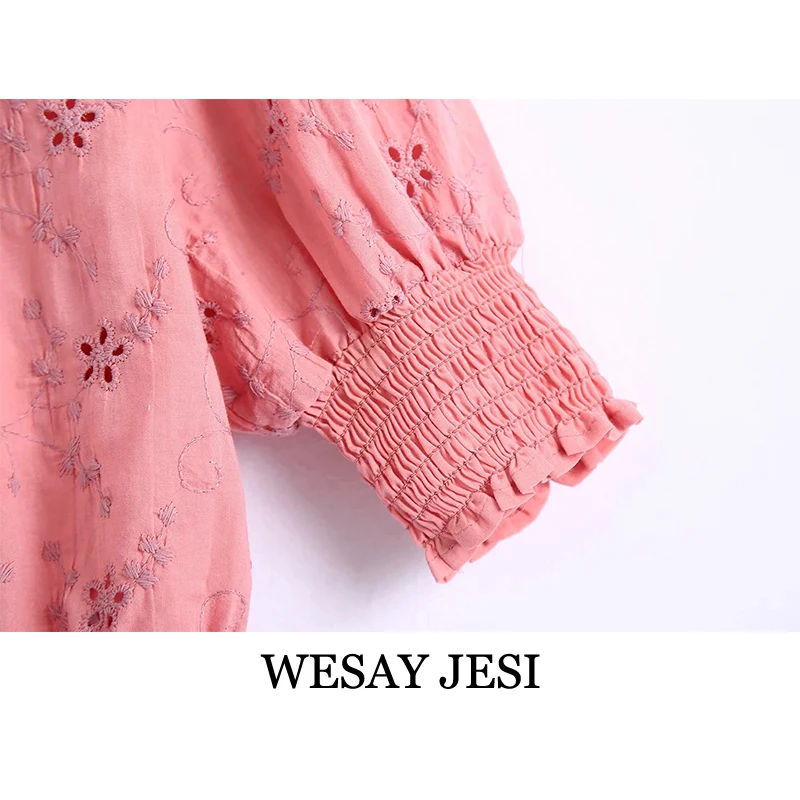 

WESAY JESI 2021 Summer New Tops Hollow Embroidered Puff Sleeve Pullover Five-point Sleeve Tops Fashion Commuter Temperament Tops