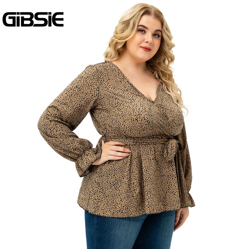 Женская блузка с длинным рукавом глубоким V-образным вырезом и поясом |