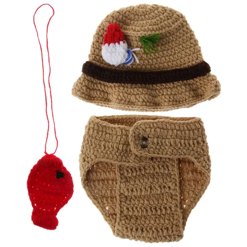  Baby Costume Fisherman Hat Trousers Pendant Crochet Knitted Woolen Cute Photography Props Clothing Newborn Photo Shot Lovely