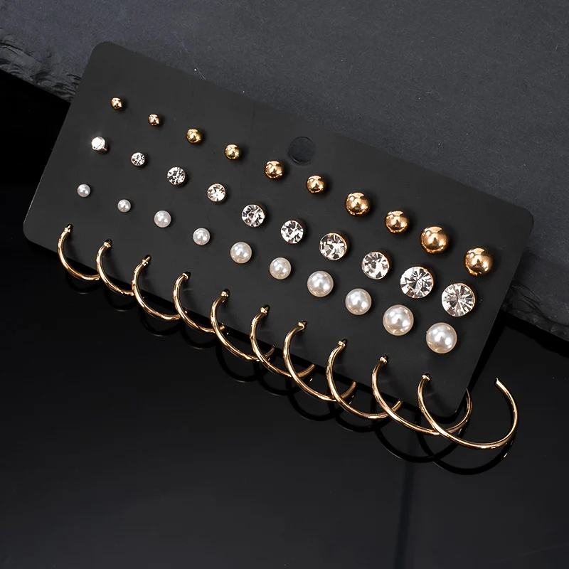 

12 Pairs/Set Women's Earrings Pearl Earrings For Women Bohemian Fashion Jewelry 2020 Geometric Crystal Heart Stud Earrings New