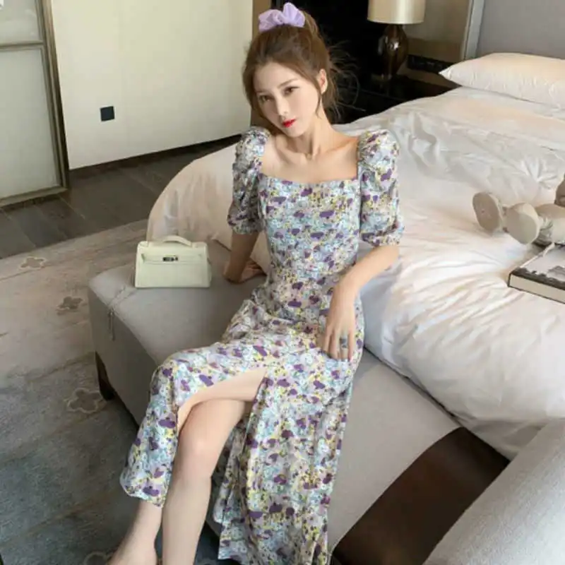 

French Vintage Floral Dress Spring Puff Sleeve Women Square Collar Split Dress 2021 Casual Sexy Party Ladies One-piece Dress New